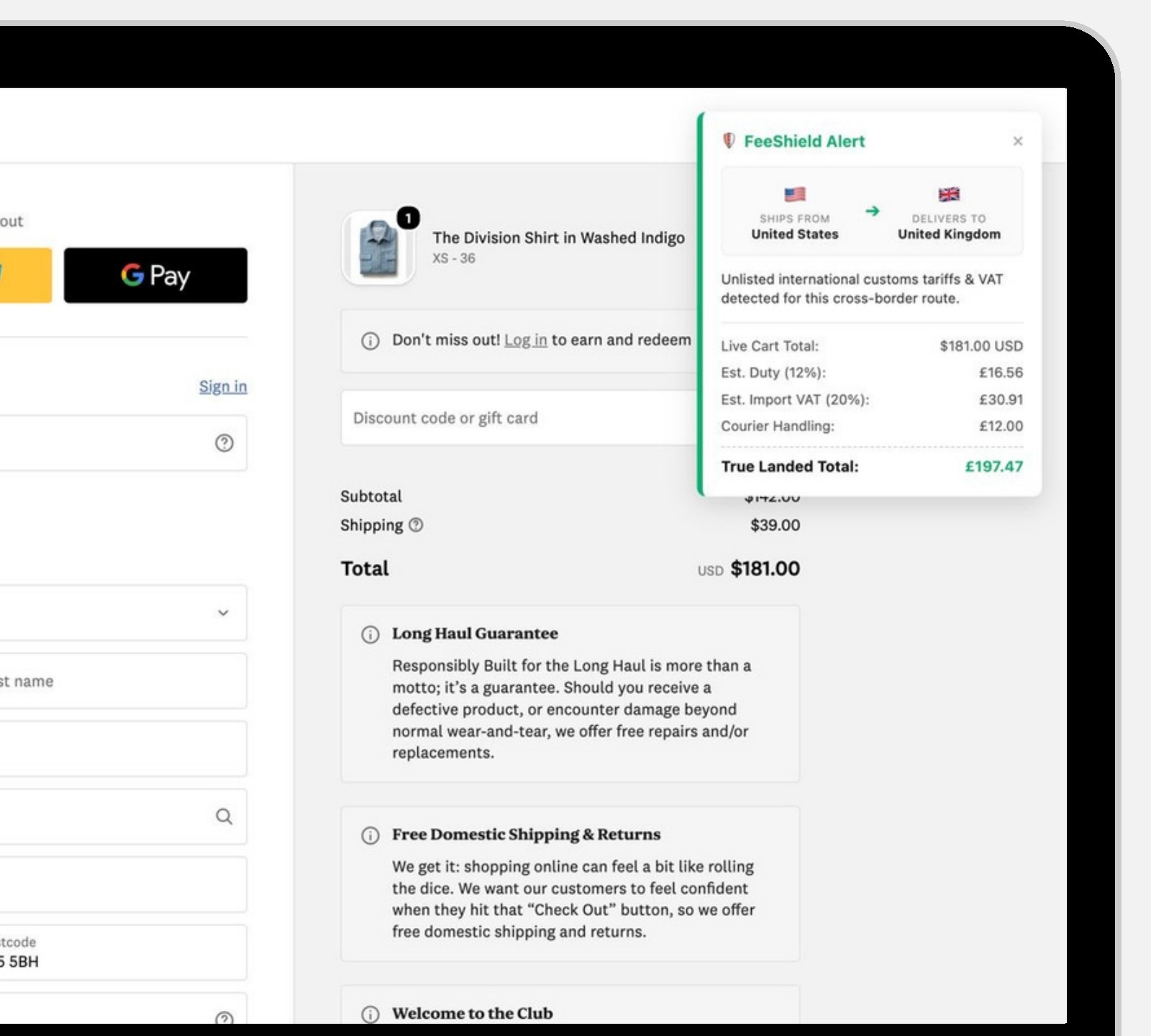 The extension’s panel open over a real checkout in a laptop frame, listing estimated duty, VAT and handling.