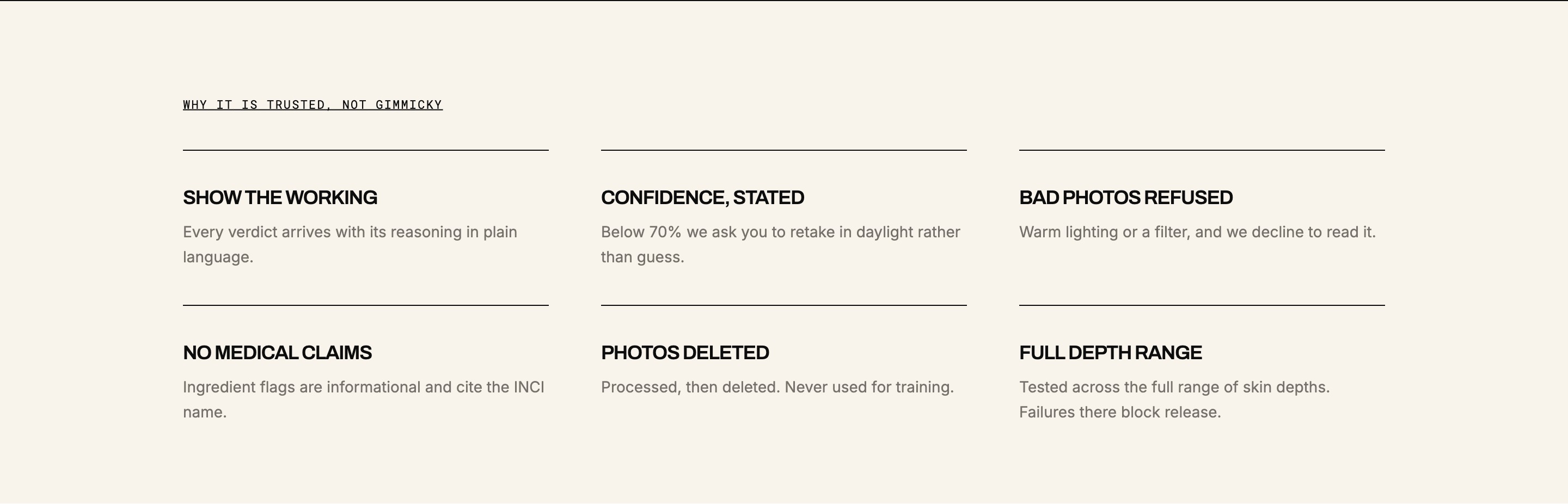 Six product rules: show the working, confidence stated, bad photos refused, no medical claims, photos deleted, full depth range.