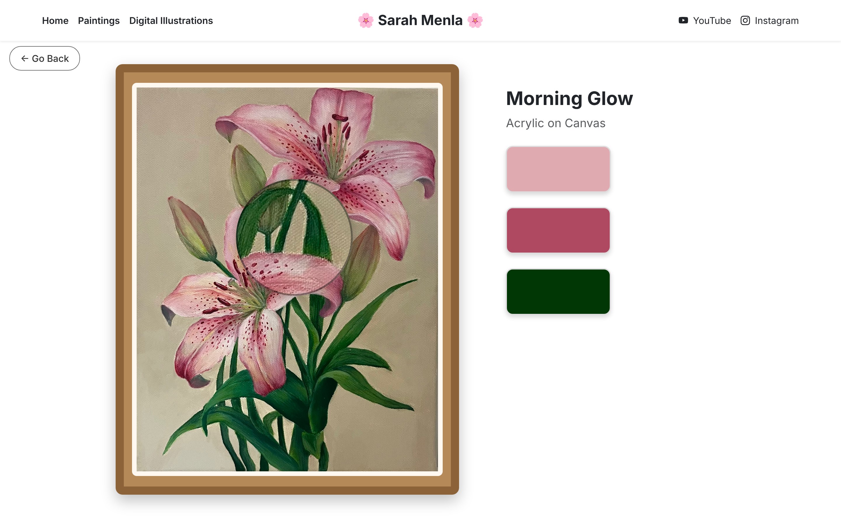 Artwork page: Morning Glow, acrylic on canvas, a framed lily painting with three colour swatches beside it.