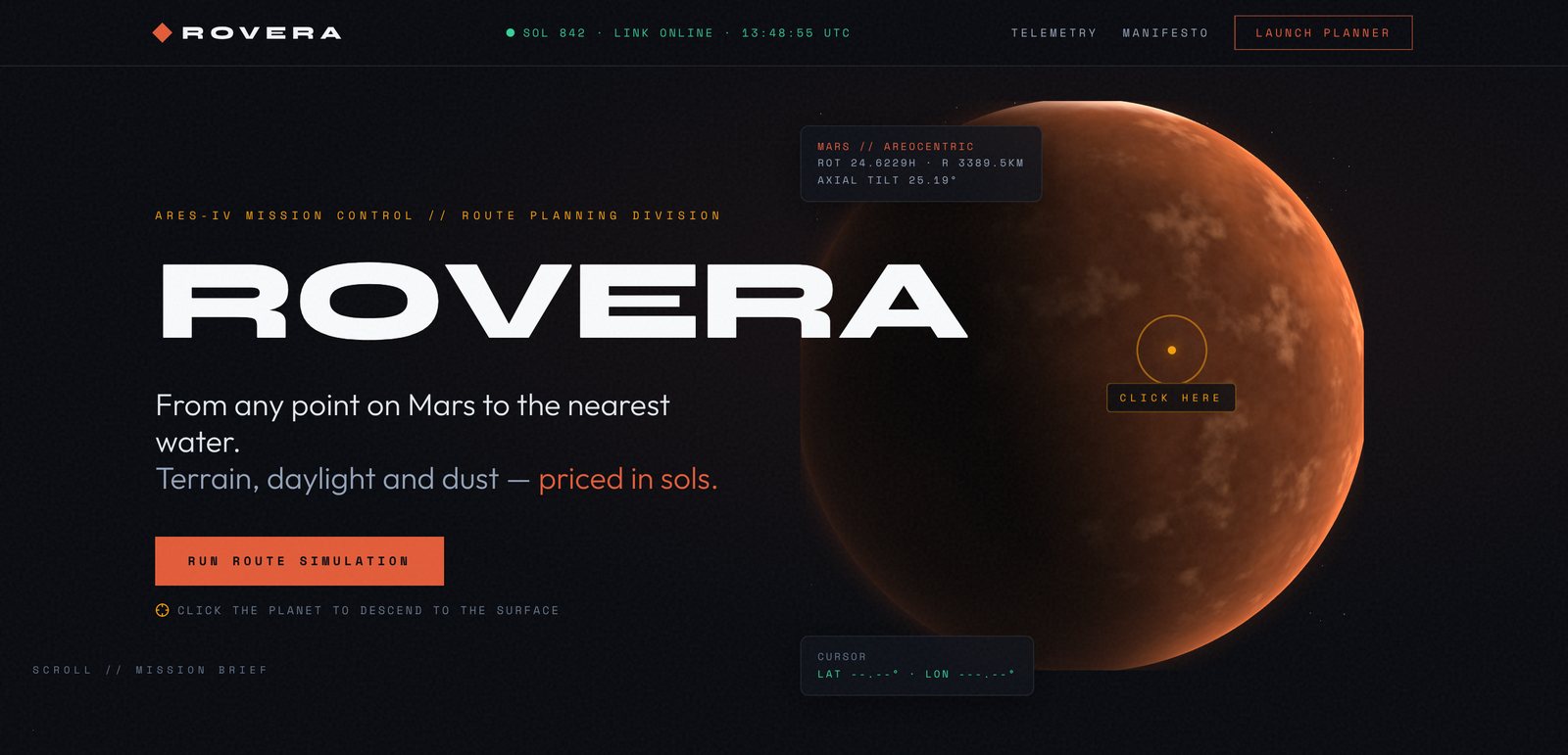 ROVERA landing page: the ROVERA title, “From any point on Mars to the nearest water”, and a shader-rendered Mars with a pulsing click-here beacon.