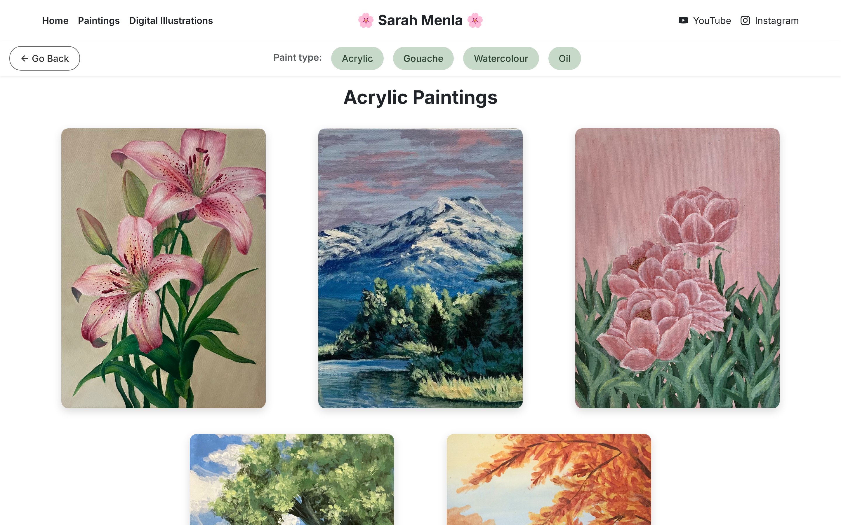The live art portfolio: an Acrylic Paintings gallery with paint-type filters and three paintings, a pink lily, a mountain lake and pink tulips.