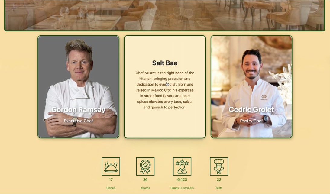 Chef profile cards with photos and a flip card describing a chef, above icons counting dishes, awards, happy customers and staff.