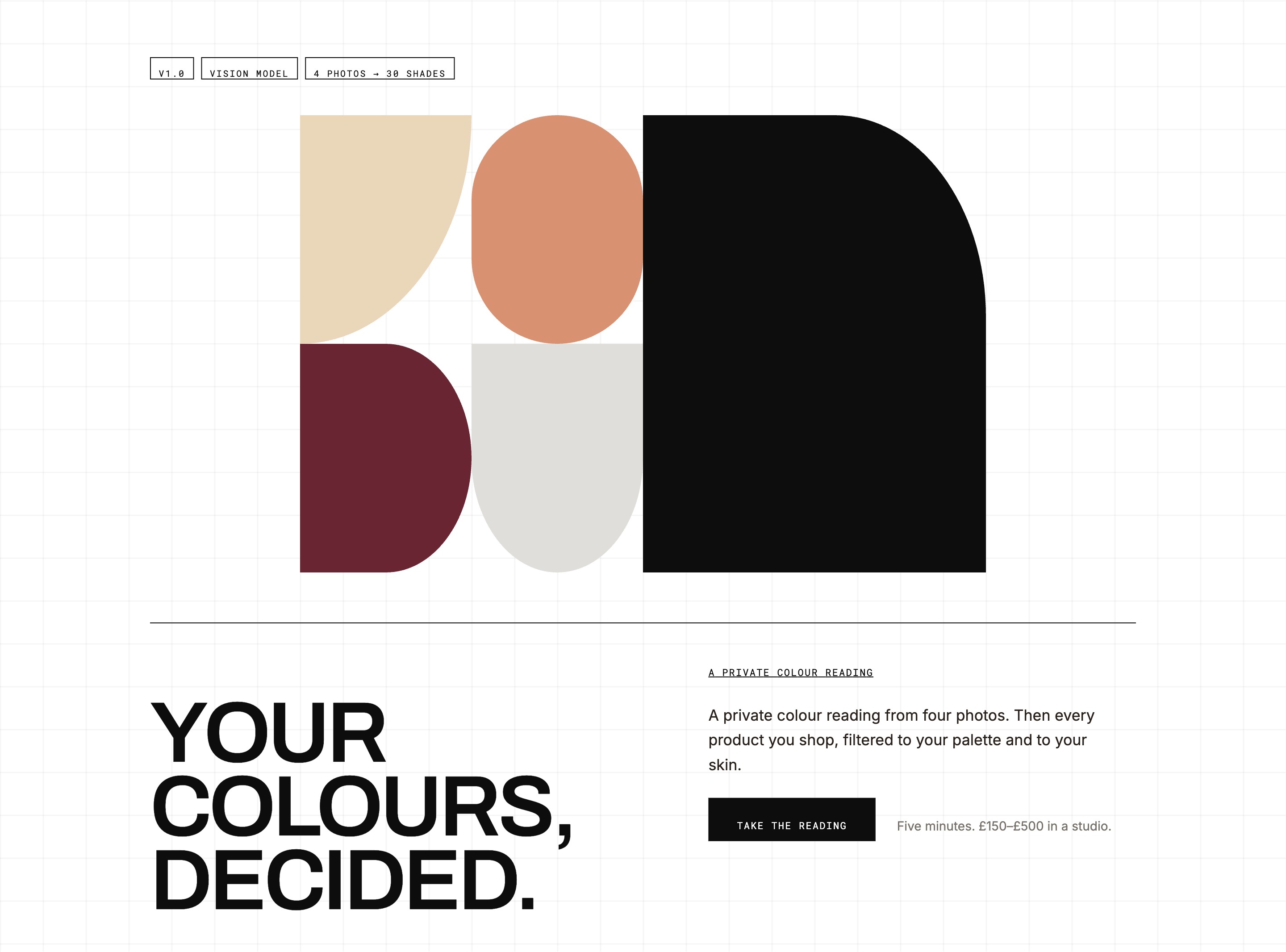 SHADE landing page: bold headline “Your colours, decided.” beside a block of colour swatches in terracotta, burgundy, cream and black.