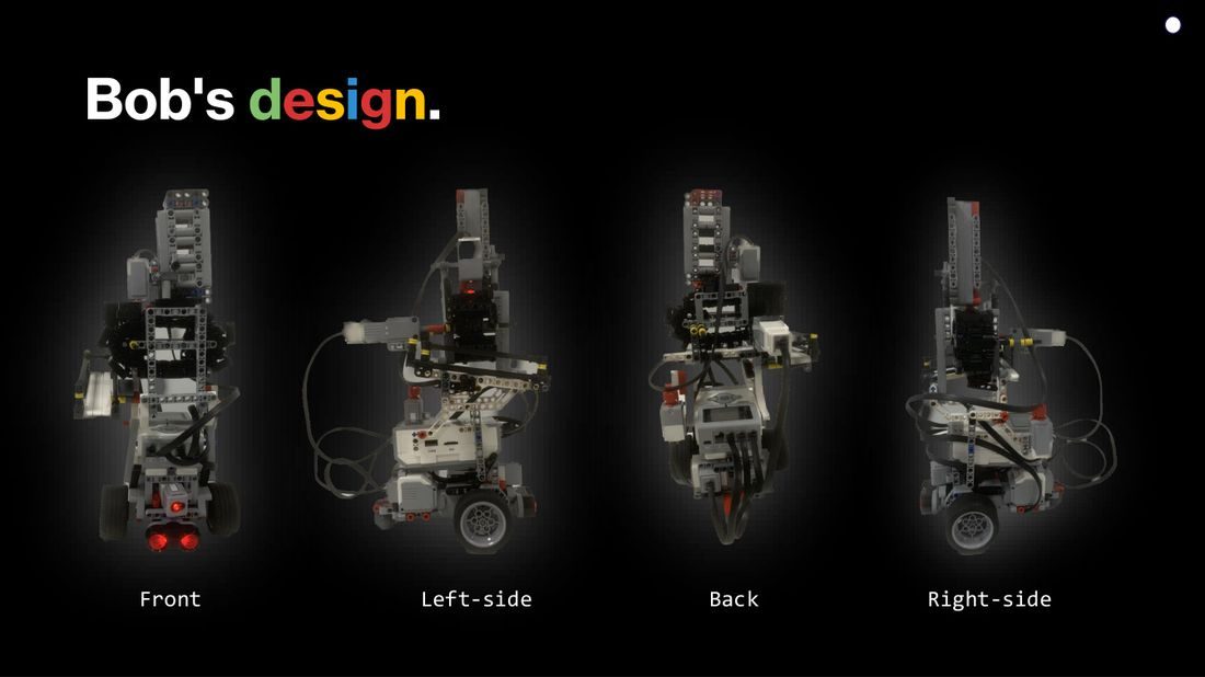 Presentation slide “Bob’s design”: four photos of the LEGO EV3 robot from the front, left side, back and right side.