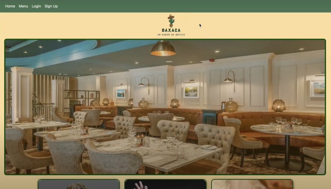 Oaxaca homepage: green navigation bar, the Oaxaca cactus logo with “Un sabor de México”, and a large photo of a restaurant dining room.