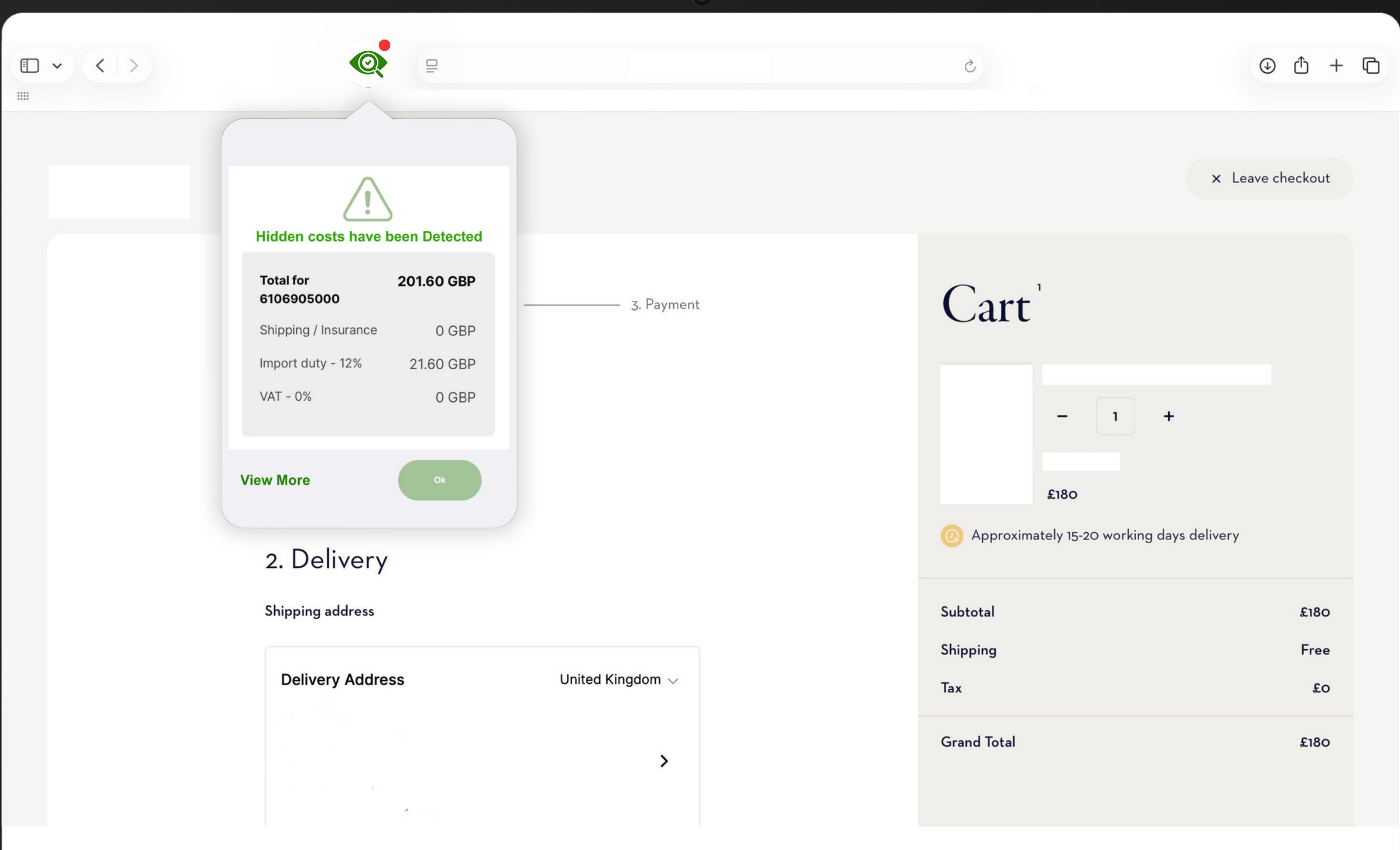 A checkout page with the feeShield panel open: “Hidden costs have been detected”, total 201.60 GBP for a £180 cart, import duty 12% adding 21.60 GBP.