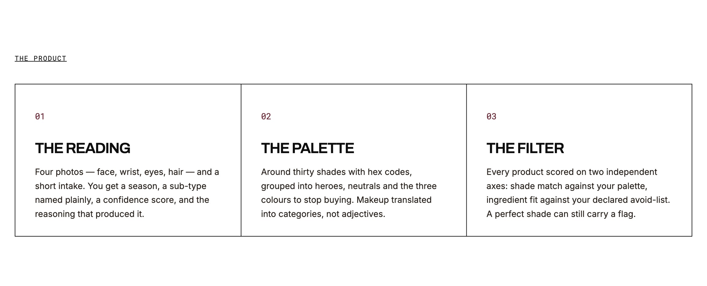 The product in three columns: the reading, the palette and the filter, each with a short description.
