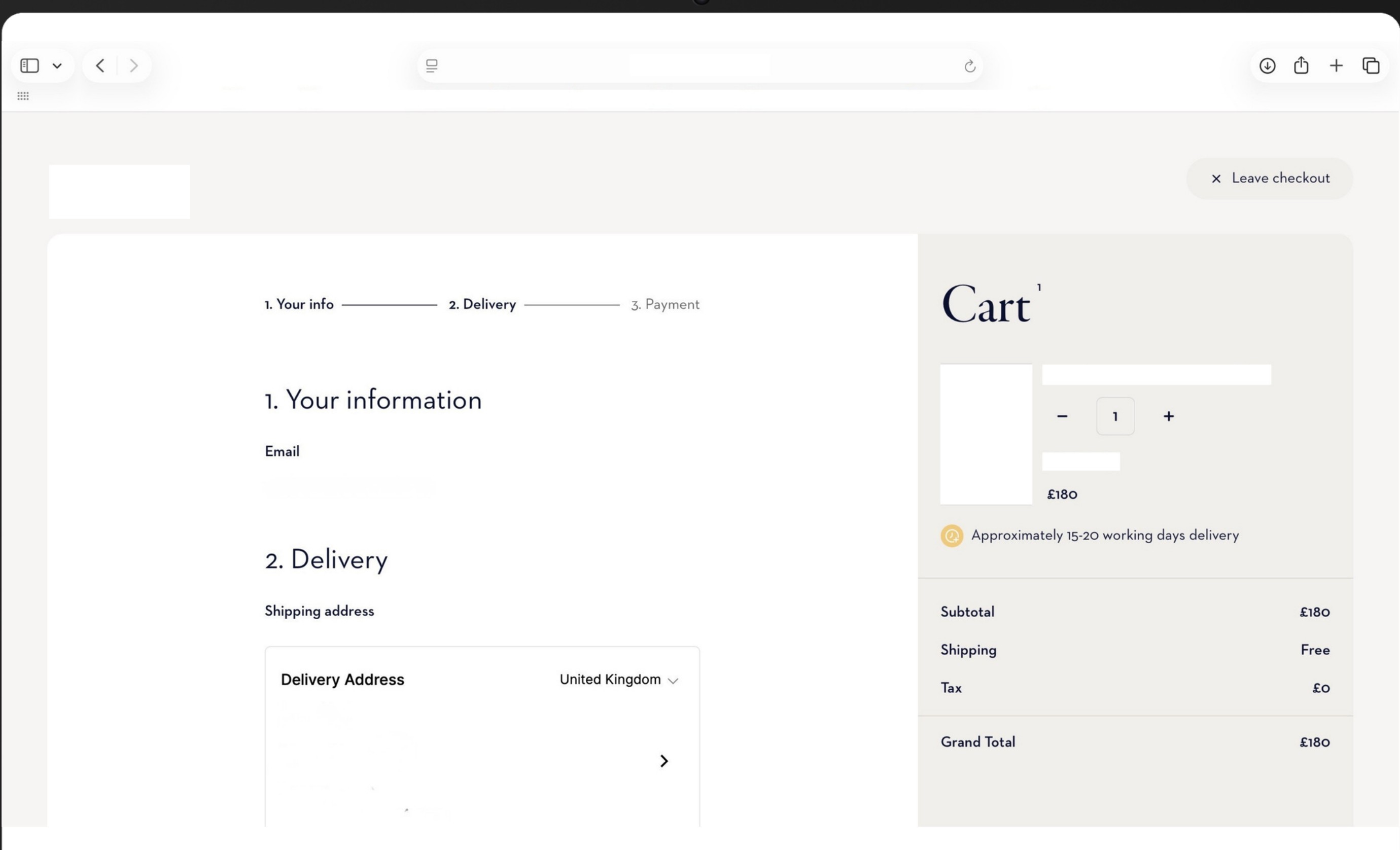 The same checkout before the extension: subtotal £180, shipping free, tax £0.