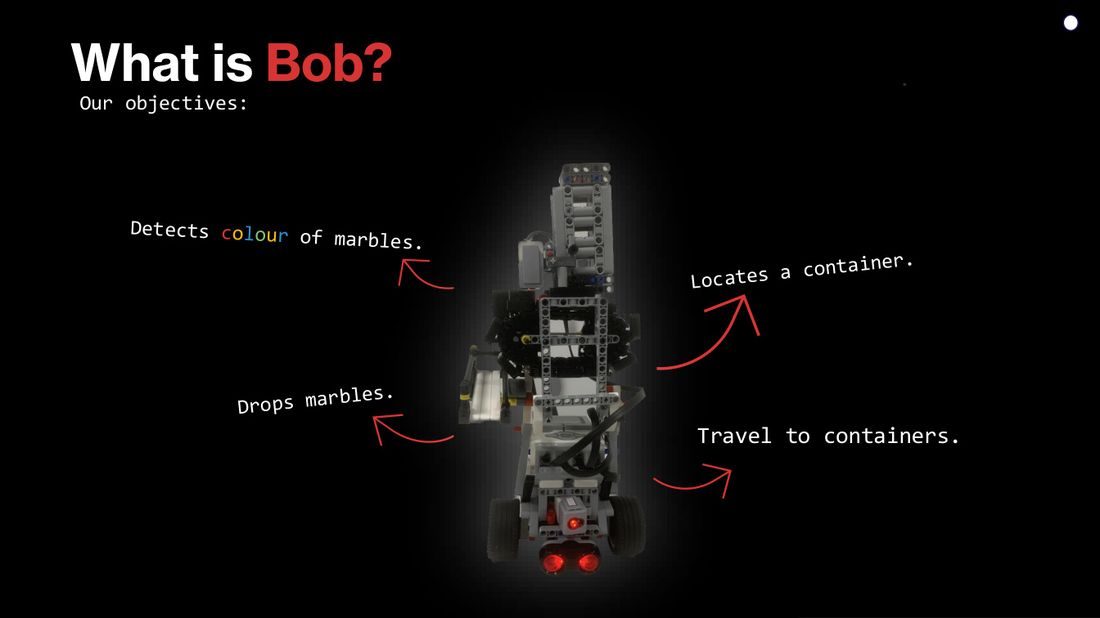 Slide “What is Bob?”: the robot with arrows labelled detects colour of marbles, locates a container, travels to containers and drops marbles.