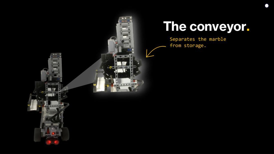 Slide “The conveyor”: a close-up photo of the conveyor that separates one marble from storage.
