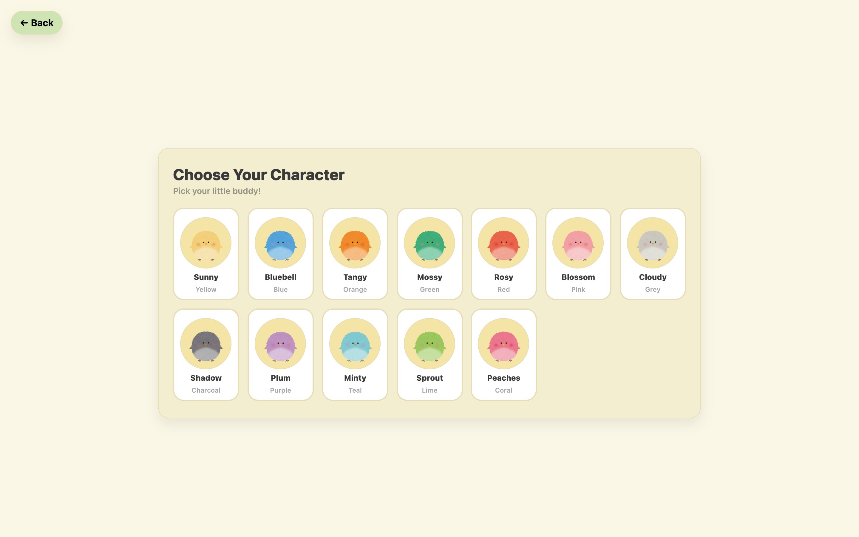 Choose Your Character: twelve round characters, each with a name and colour, such as Sunny, Bluebell and Tangy.