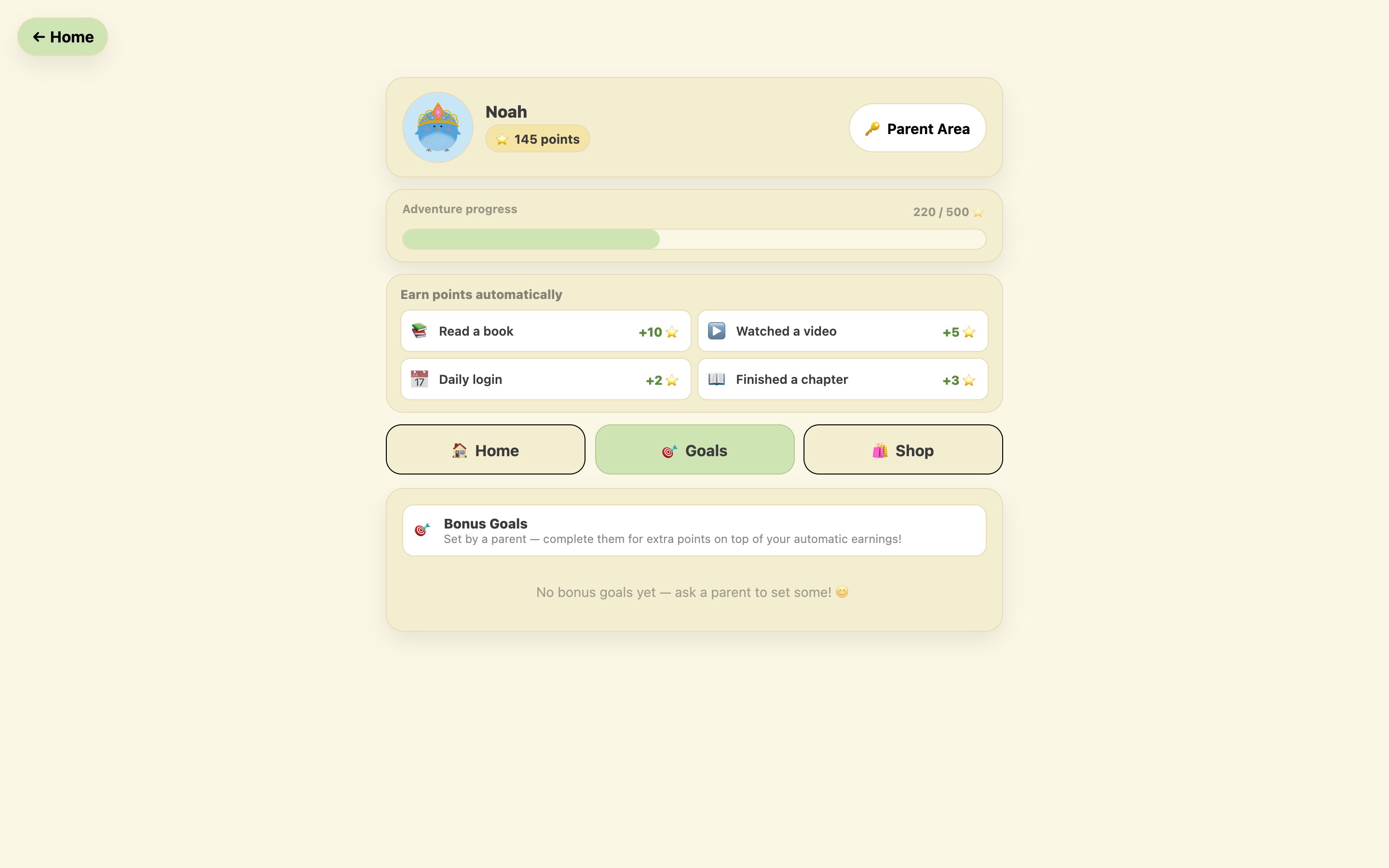 Goals tab on the Progress page listing milestones the child can claim bonus points for.