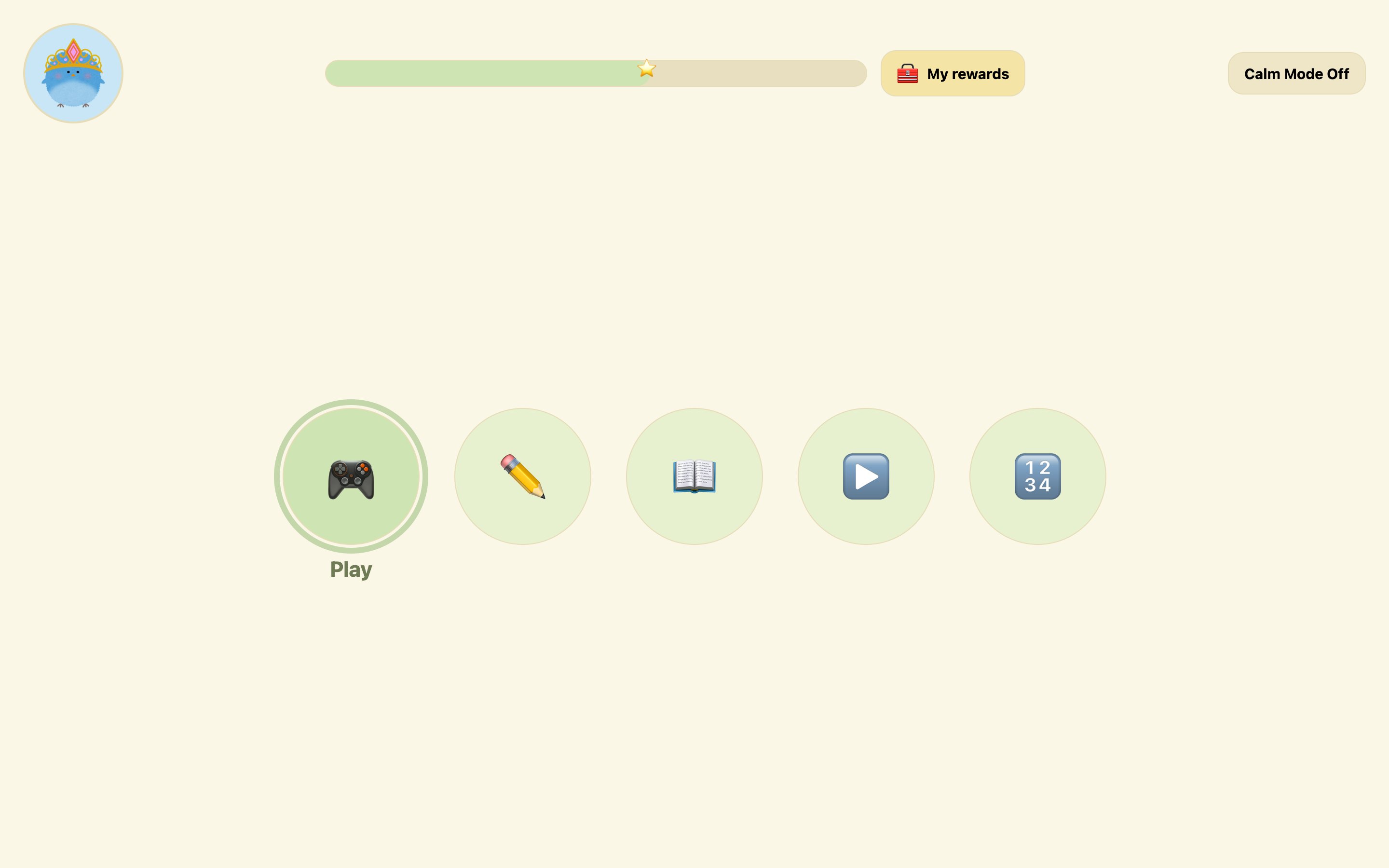 Home: five large round buttons for Play, Draw, Read, Watch and Numbers.