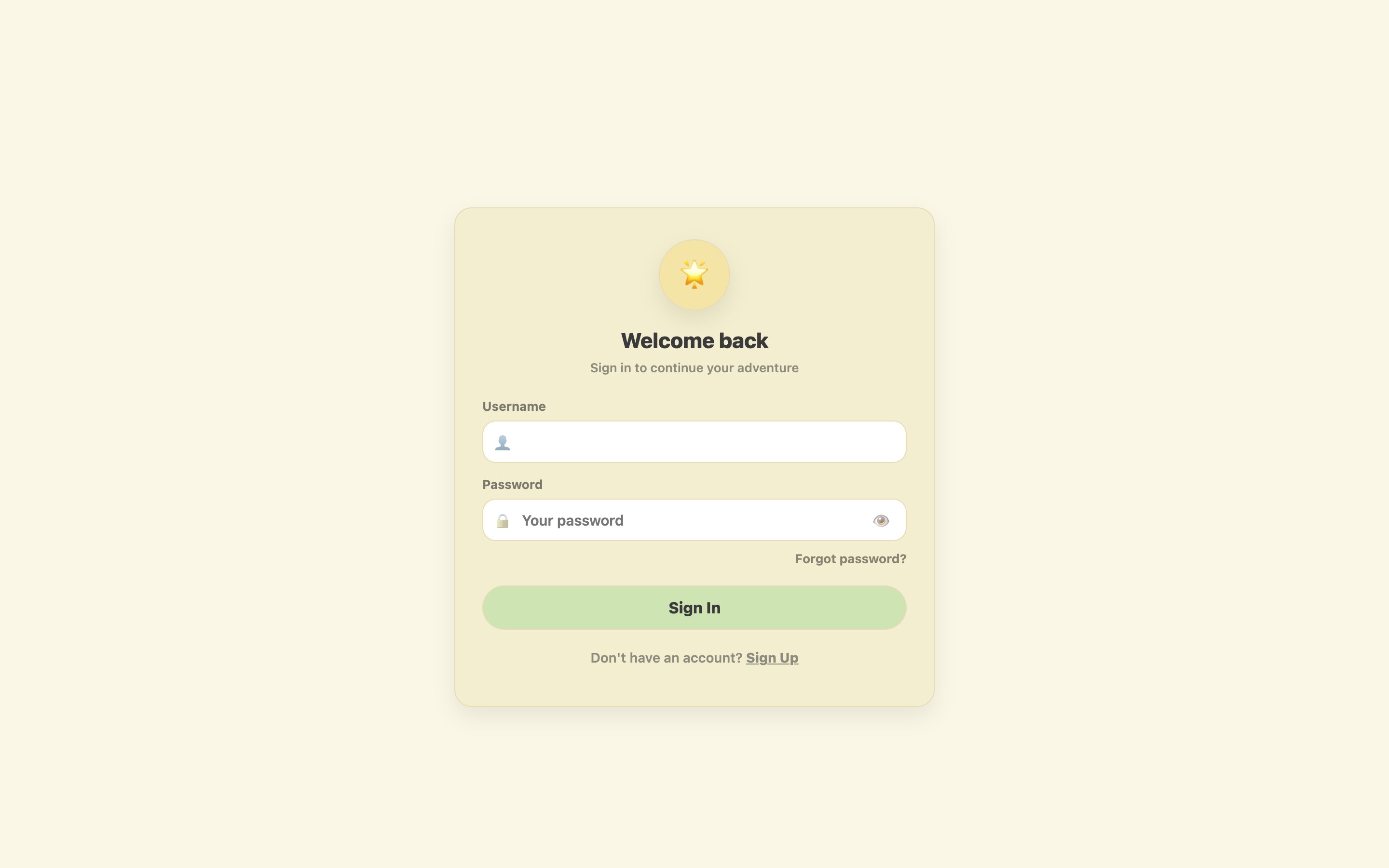 Sign-in screen: Welcome back, username and password fields, a green Sign In button and a Sign Up link.