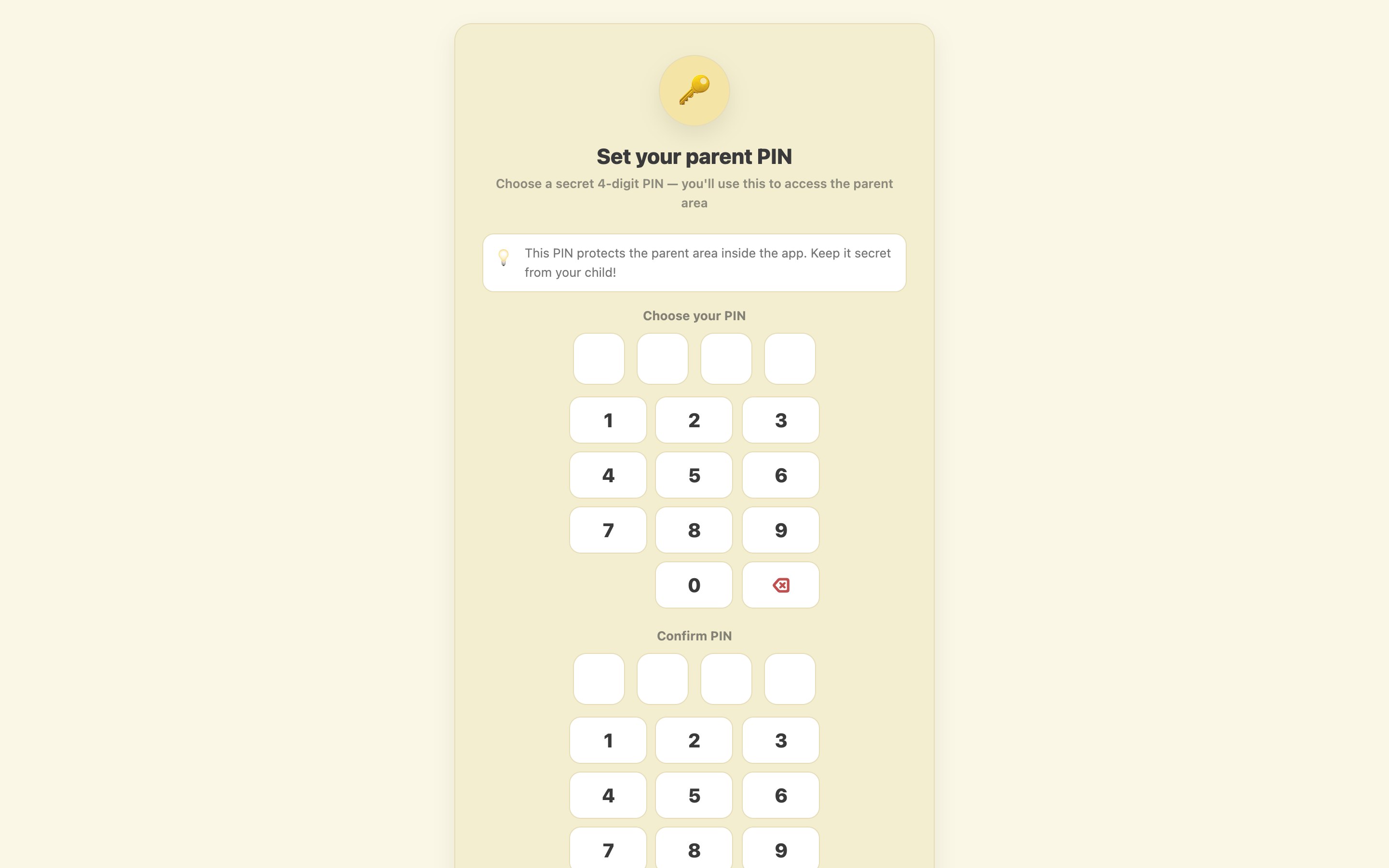 Sign-up step titled Set your parent PIN, with four PIN boxes and a large number pad.