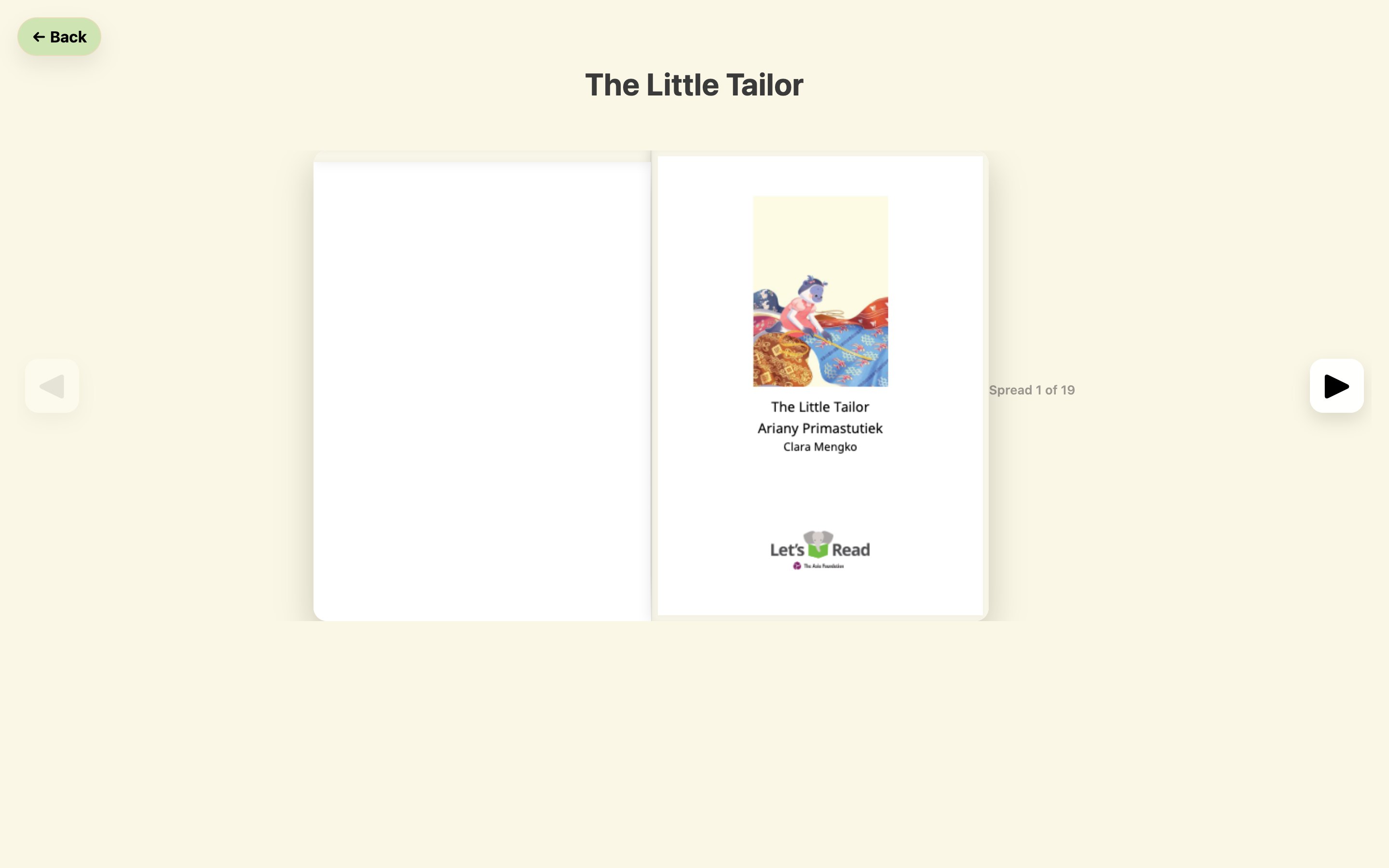 Two-page book reader with large previous and next arrows.