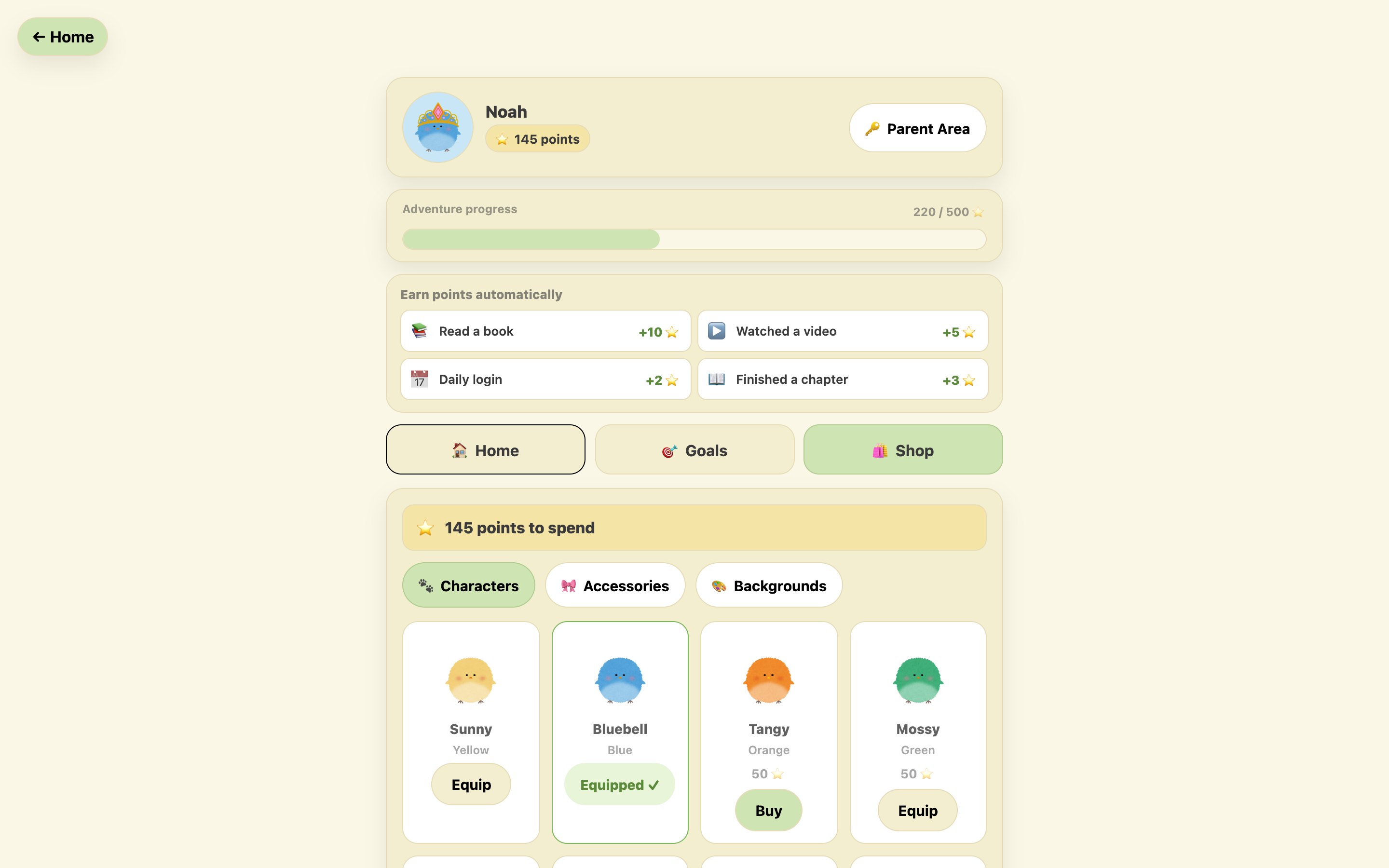 Rewards shop of characters the child can buy with points.