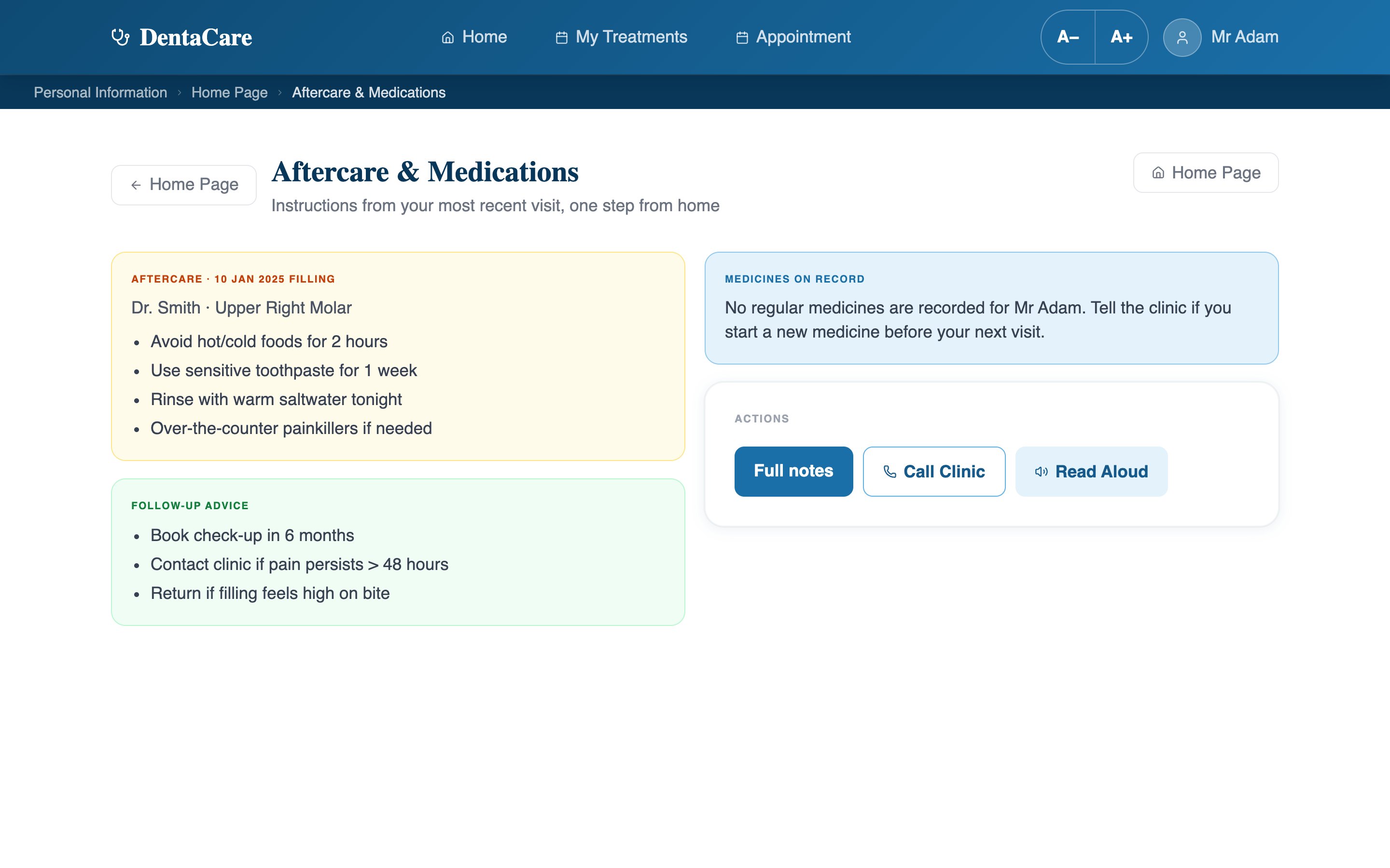 Aftercare and Medications page showing instructions from a 10 January 2025 filling, follow-up advice, medicines on record, Full notes, Call Clinic and Read Aloud.