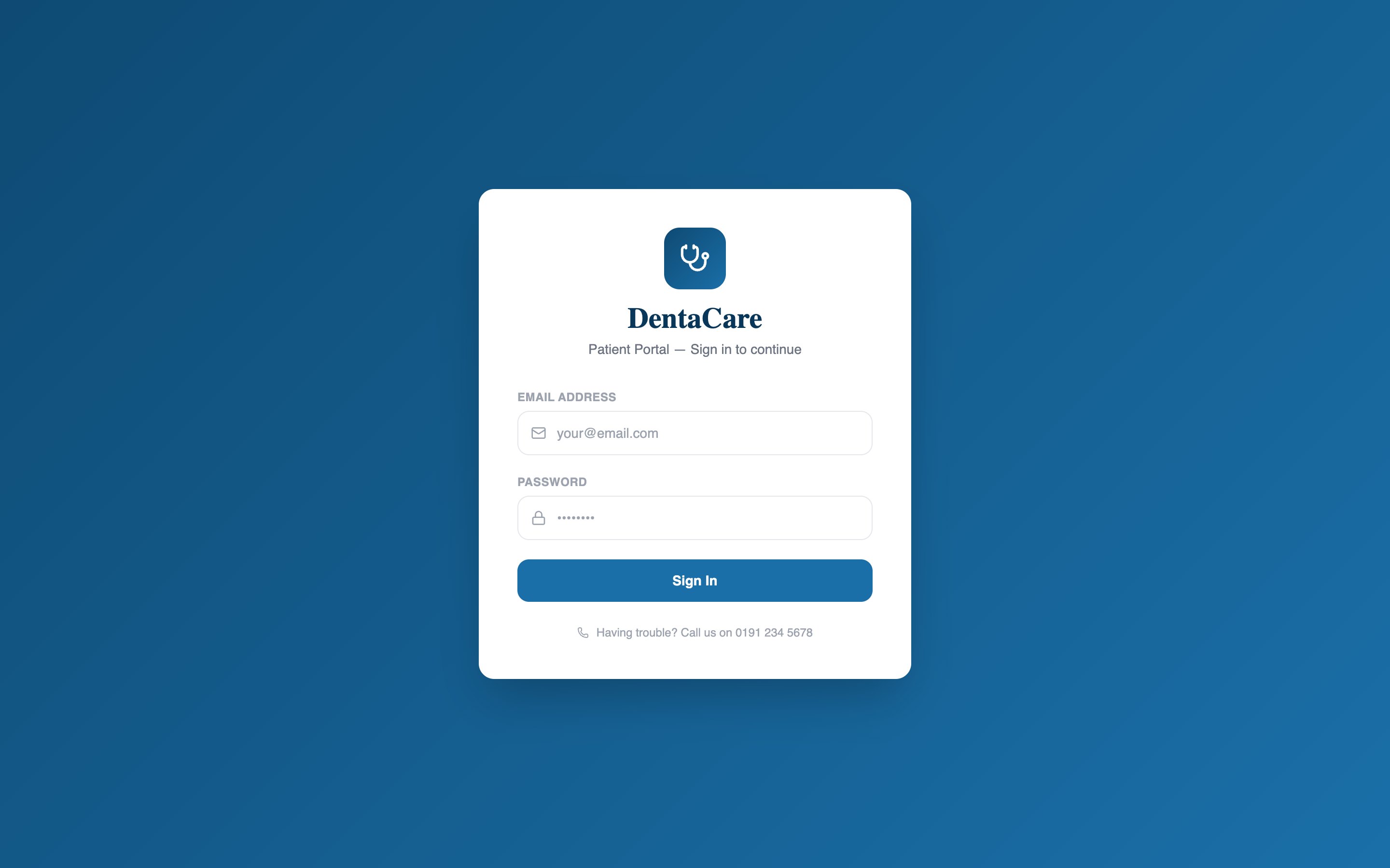 DentaCare sign-in card with email and password fields, a Sign In button, and a phone number for help.