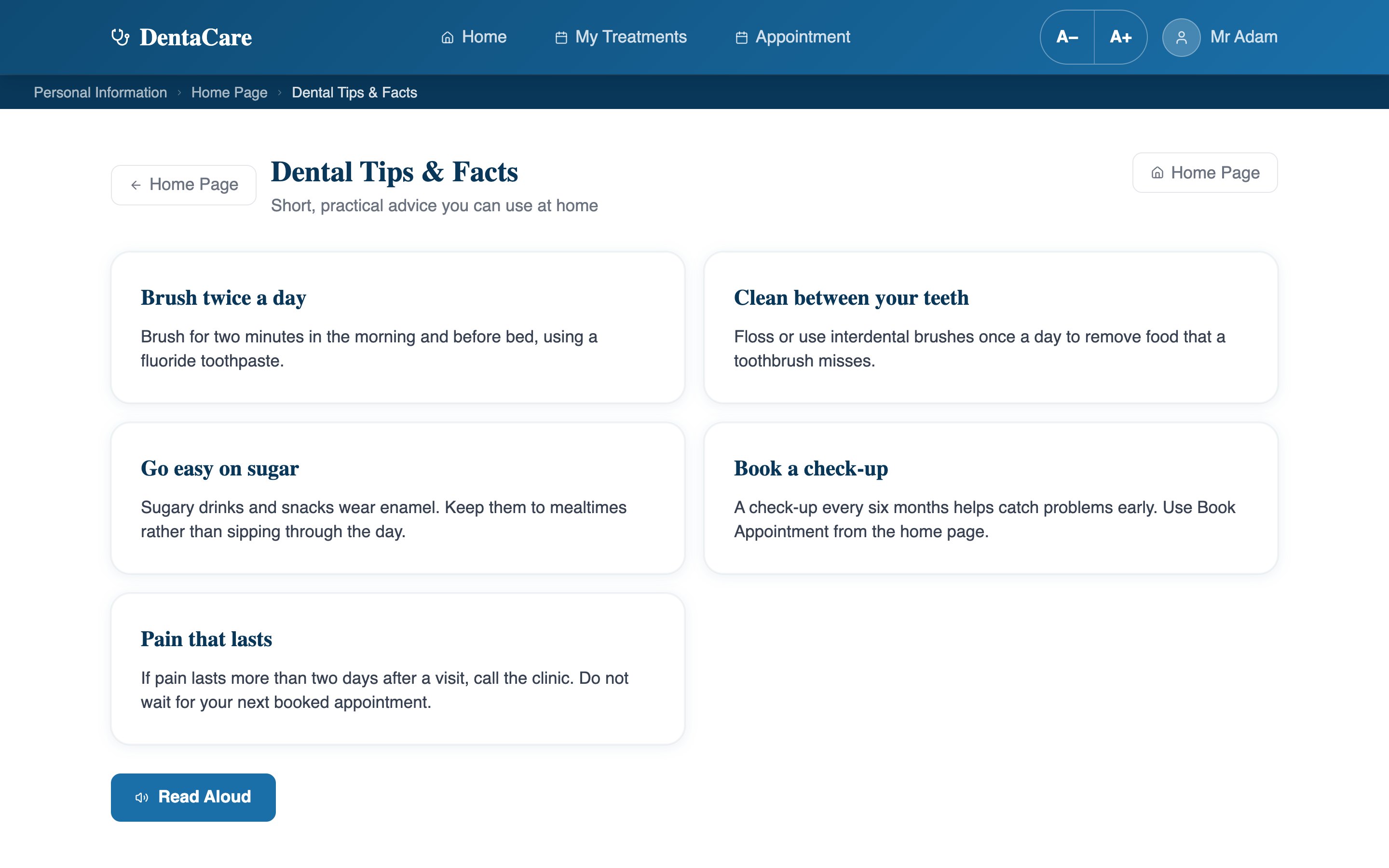 Dental Tips and Facts page with five short cards: brush twice a day, clean between your teeth, go easy on sugar, book a check-up, and pain that lasts.