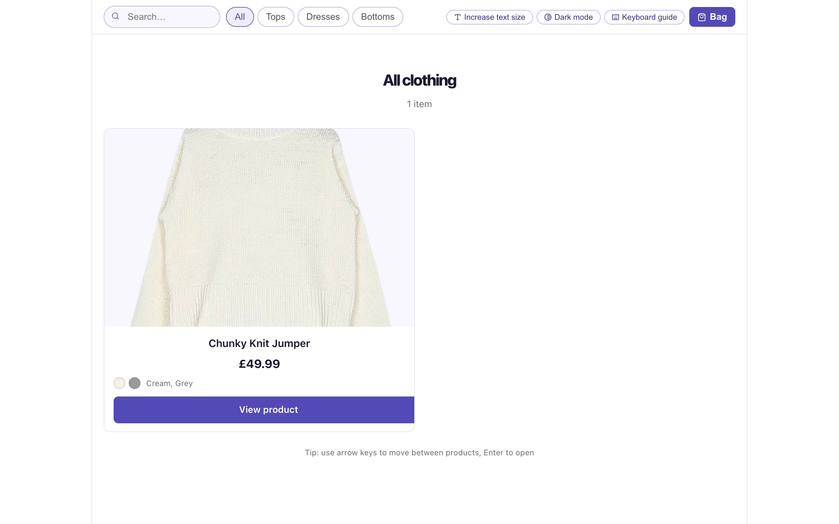 Clothing listing with four categories and a product card.