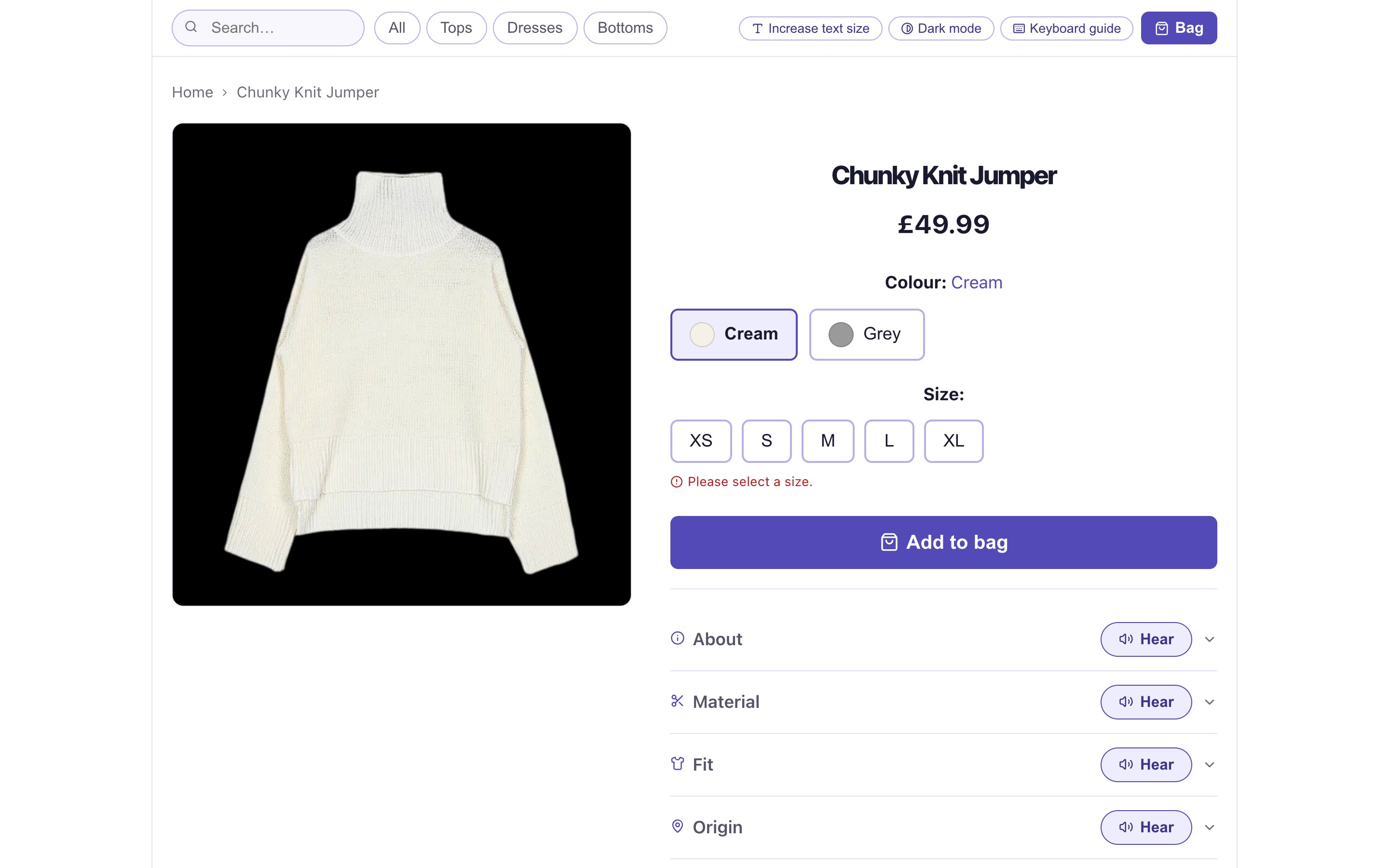 Product page where Add to bag was pressed without a size: an inline message reads Please select a size.