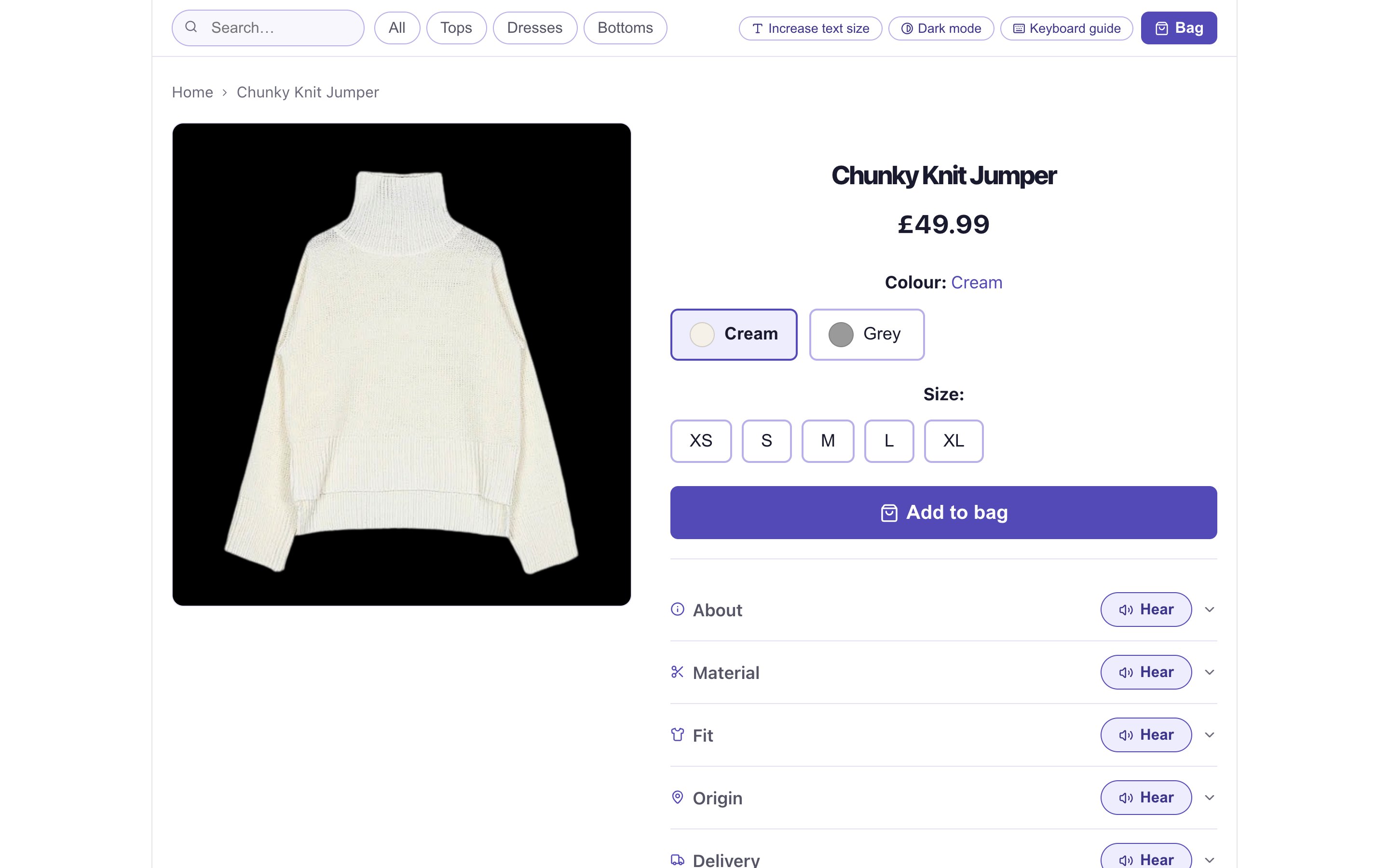 Product page with colours named Cream and Grey, and written sizes.